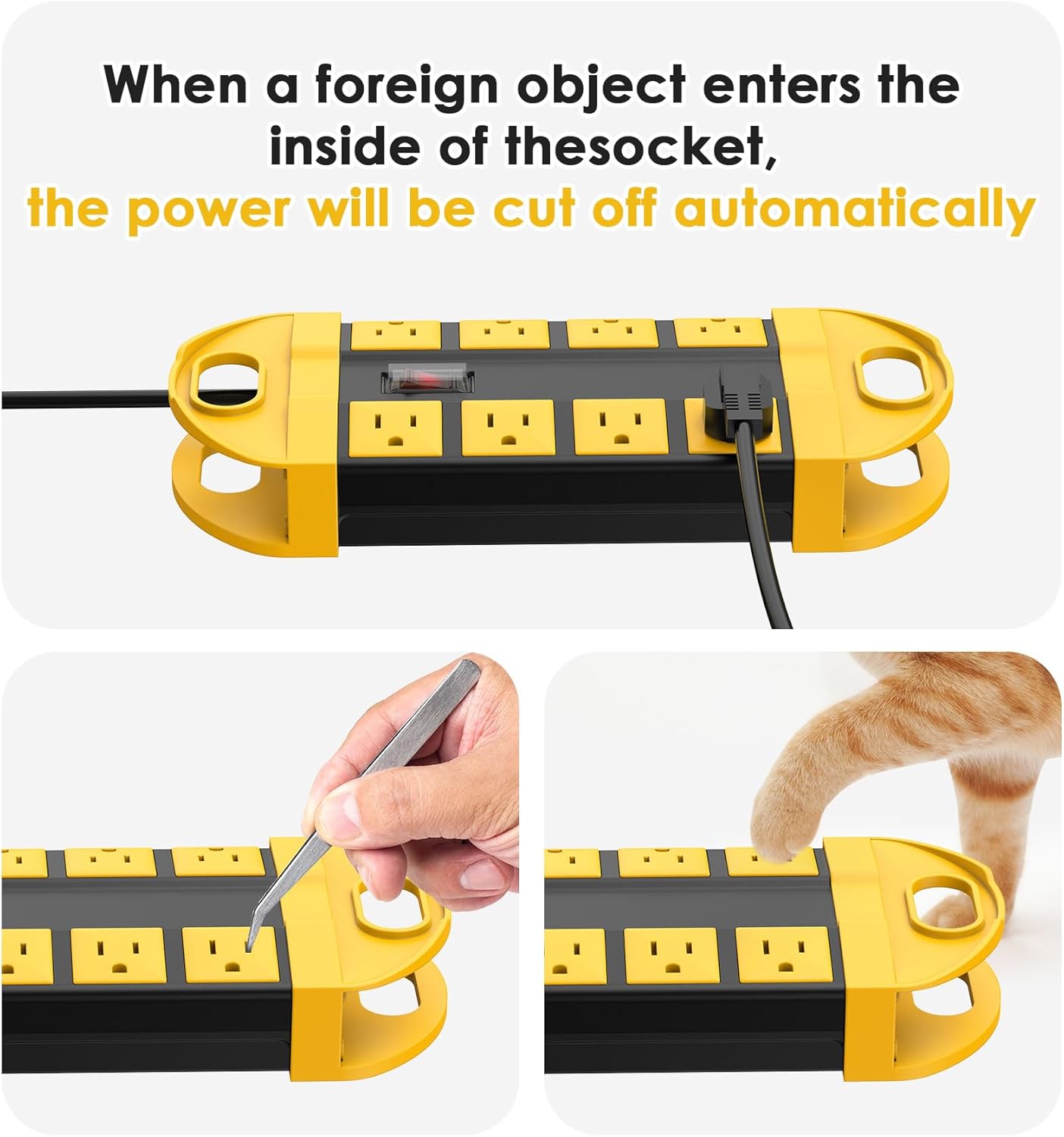 CCCEI 2 Outdoor Power Strips Weatherproof with 8 Plug, Waterproof Extension Cord with Multiple Outlets, Christmas Exterior Garden Yard Surge Protector 15FT, Yellow.