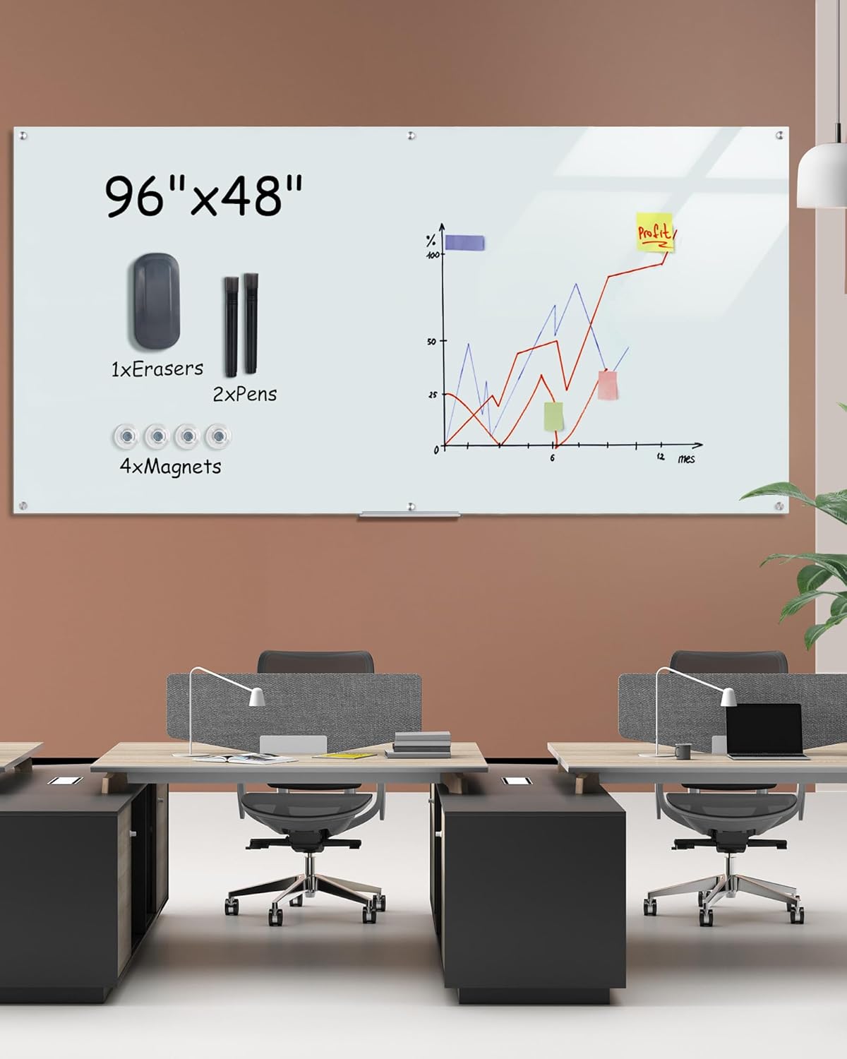 Magnetic Glass Whiteboard，96"x48" Wall Mounted Frameless Dry Erase Board for Office, Home & School White