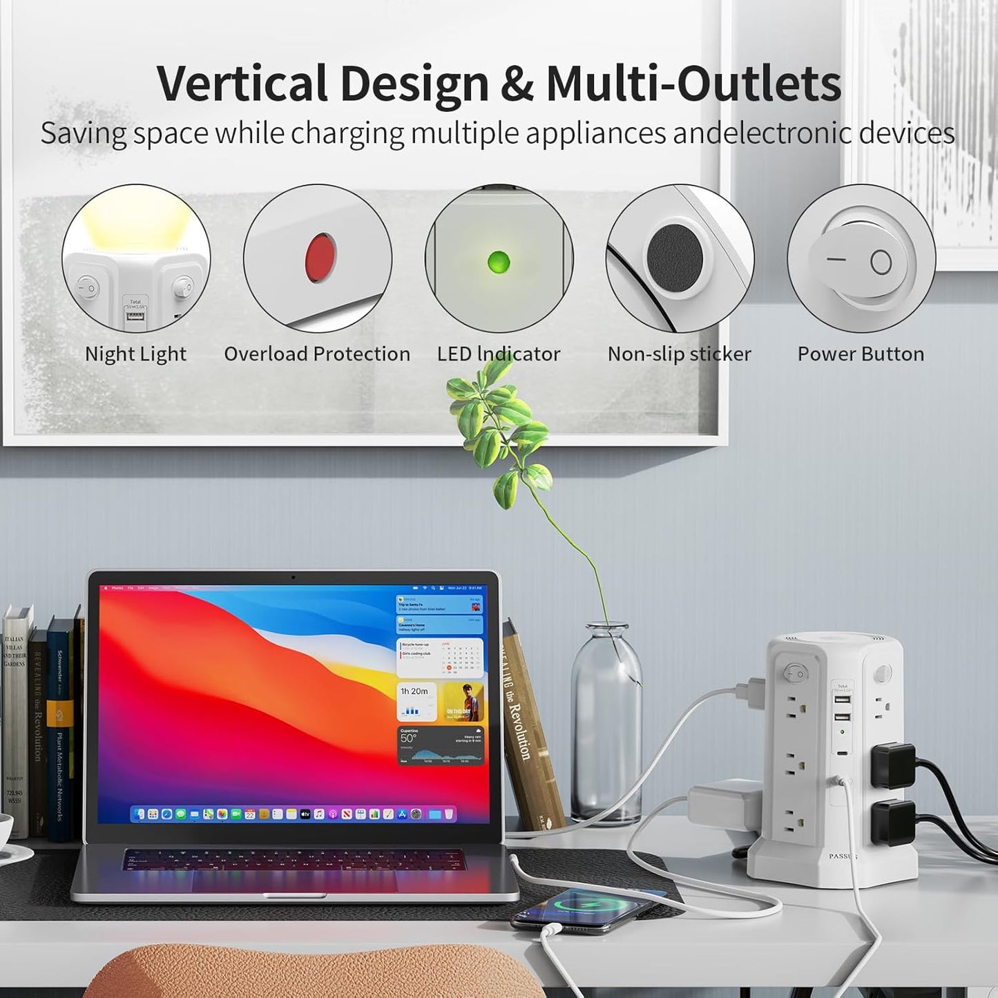 Long Surge Protector Power Strip 16 FT Cord, PD20W USB C Power Strip Tower with Night Light, Extension Cord with Multiple Outlets with 4 USB Ports, PASSUS Charging Station Home Office Essentials White