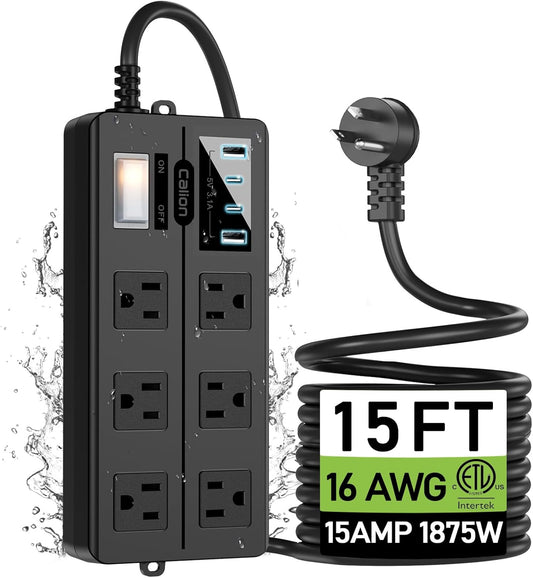 Outdoor Power Strip Weatherproof,Waterproof Surge Protector with 4 USB Ports and 6 Outlets,15 FT Extension Cord with Flat Plug,Shockproof Overload Protection, Wall Outlet for Home Office Porch Patio