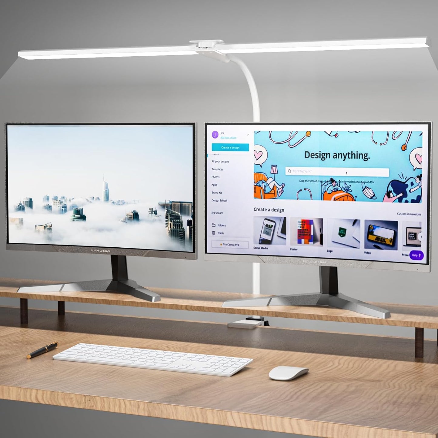 LED Desk Lamp, 31.5'' Wide Double Head Desk Lamps for Home Office, Dimmable 25 Lighting Modes 16W 1800lm Bright Desk Lighting, Eye Caring Architect Table Lamp for Workbench Monitor Study, White