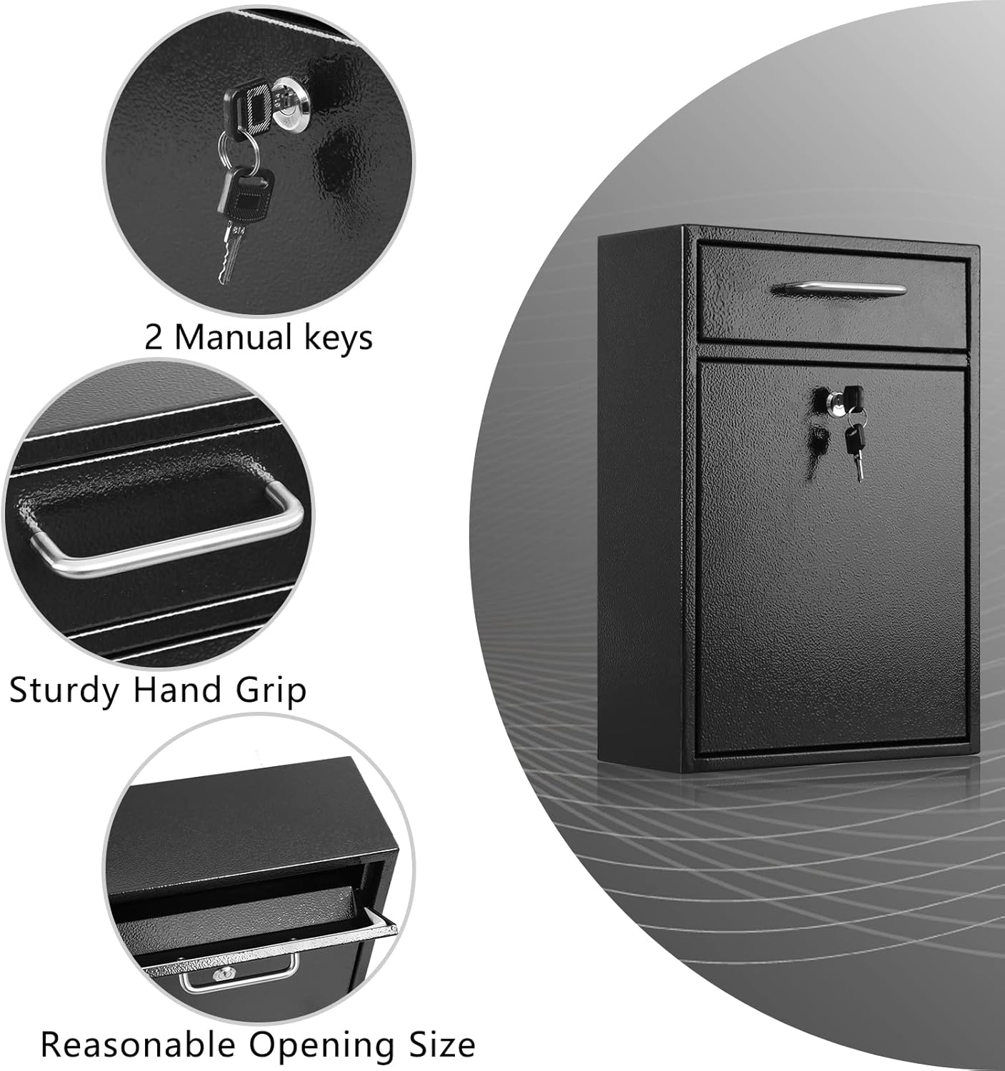 xydled Metal Mailbox Wall Mount, Large Locking Mailbox with Key Lock, Hanging Secure Postbox, Security Key Drop Box, Collection Boxes, Black, 17.6H x 12.2L x 5.7W Inches, XL Large