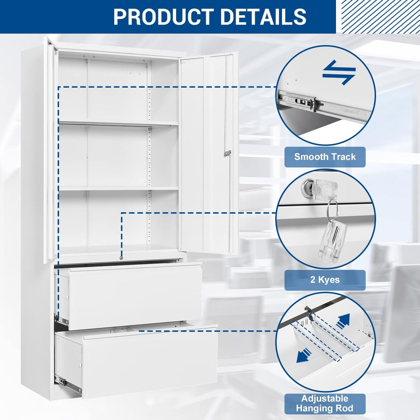 Metal Steel Storage Cabinets with Lockable Drawers and Doors Lateral File Cabinets Steel Metal Filing Lockers for Home Office Hanging Files Letter/Legal/F4/A4 Size