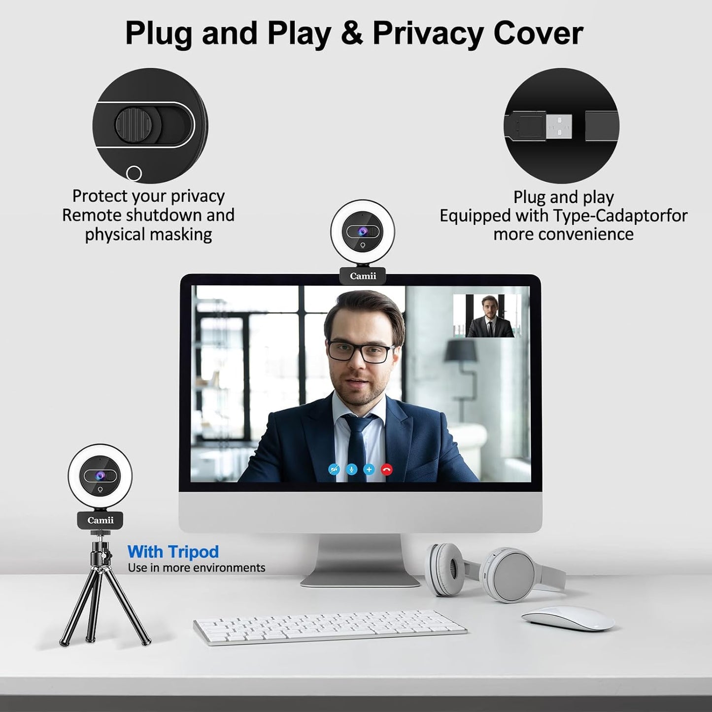 4K Webcam with Light, HD Webcam for PC with Remote Control, Built-in Privacy Cover, Adjustable Brightness, Noise Reduction Mics, for Zoom Skype Teams Laptop and Google Meet
