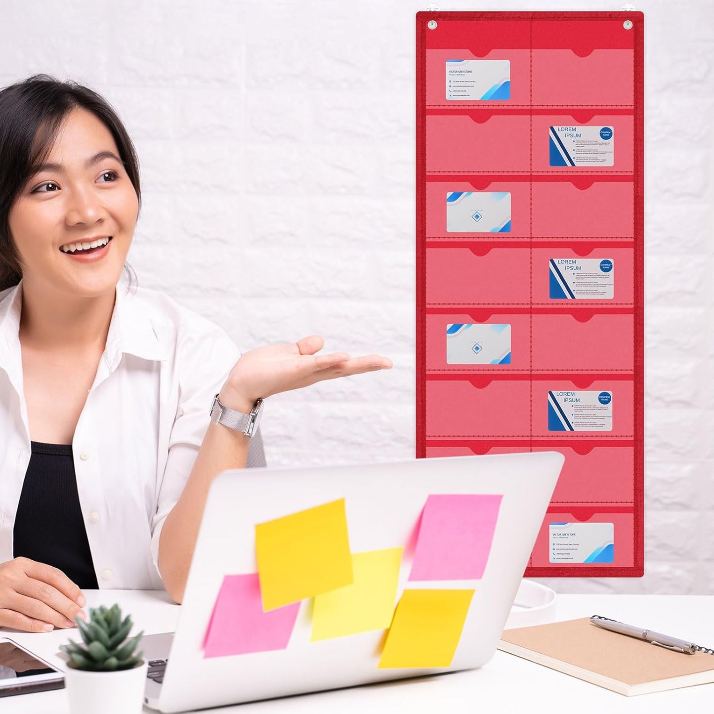 4 Pack 3'' x 5'' Index Card Holder Sleeve 16 Slot Plastic Organizer Hanging Wall Mount Business Note Cardholder PVC Clear Organizer Pocket for Classroom Office Library Home (Multicolored)