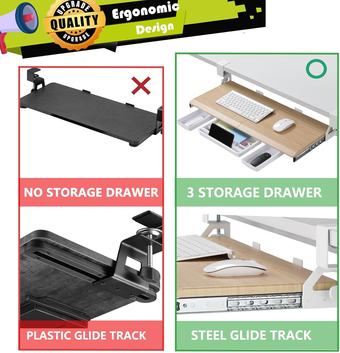 ETHU Keyboard Tray Under Desk, Ergonomic Corner Keyboard Tray with 180° Adjustable C Clamp for L Shape Desk 26.77" X 12.2" Easy to Install, Computer Keyboard Stand for Home and Office(Oak)