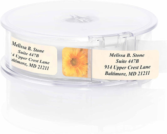 Golden Sunflower Designer Rolled Address Labels with Elegant Plastic Dispenser