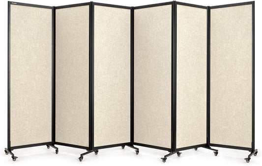 Upgrade Version Room Partition and Divider, Freestanding Rolling Dividers with Wheels,Office Privacy Screen Divider Wall,Classroom Felt Dividers,12'2"L* 6'7"H,6 Panel，Beige