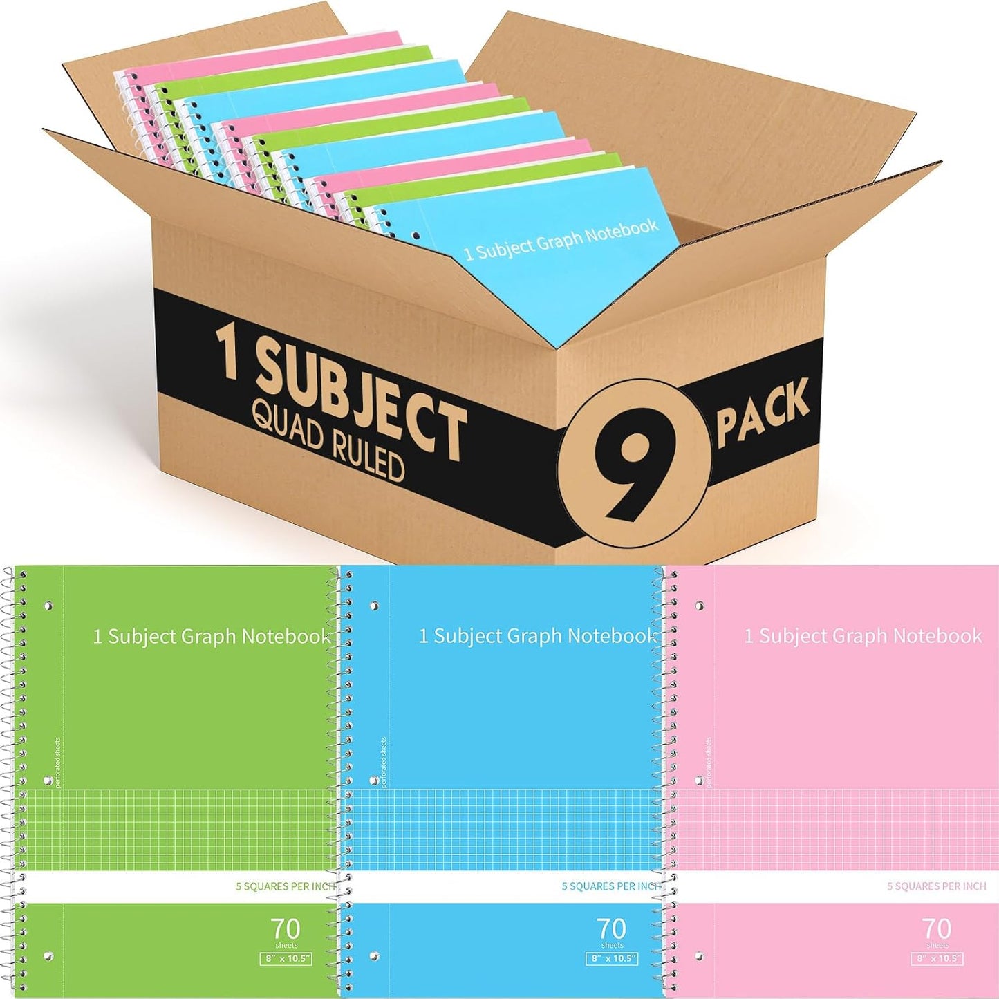 Jetec 9 Pack Graph Paper Spiral Notebook 8x10.5 Inch Quad Ruled Grid Notebooks 70 Sheets Graphing Paper for Math, Engineering, Work, School, and Lab, 5 Squares/inch, 3 Colors