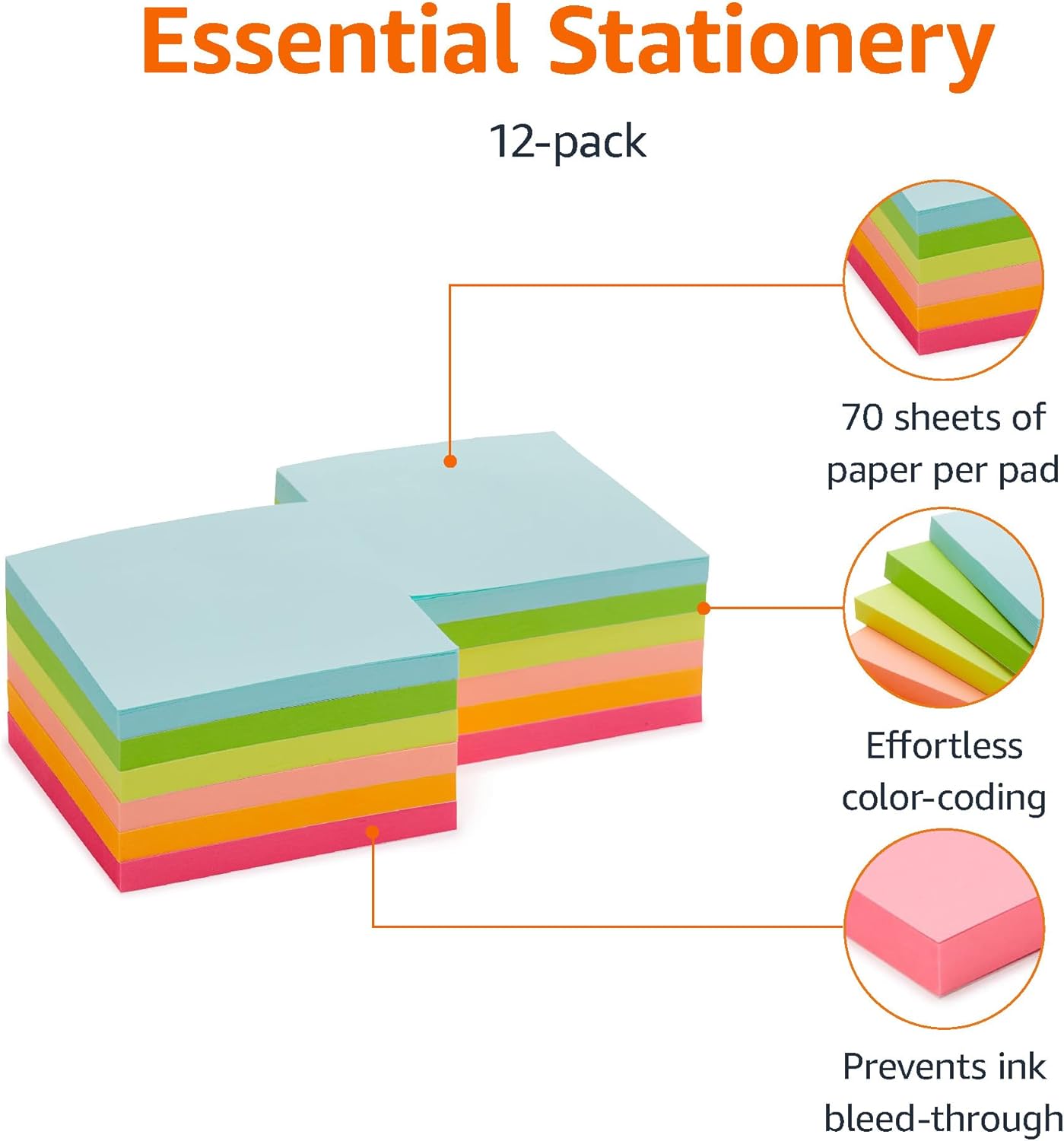 Amazon Basics Sticky Notes, 3x3 Inches, Assorted Colors Self-Stick Pads, Easy to Post for Home, Office, Notebook, 70 sheets/Pad, Pack of 12