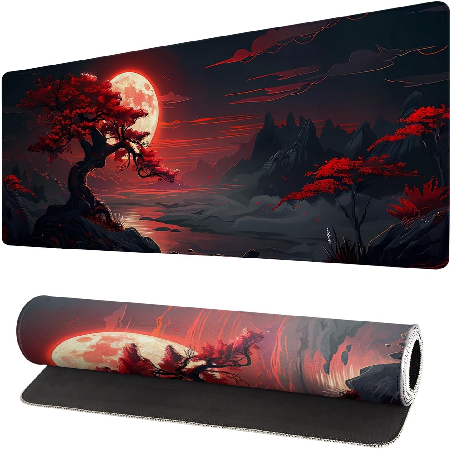 Gaming Mouse Pad Desk Pad,Extended Big Mouse Pad,31.5x11.8 Inch Long Computer Keyboard Mouse Mat Mousepad with 3mm Non-Slip Base and Stitched Edge for Gaming and Office… (Red Moon Canyon)