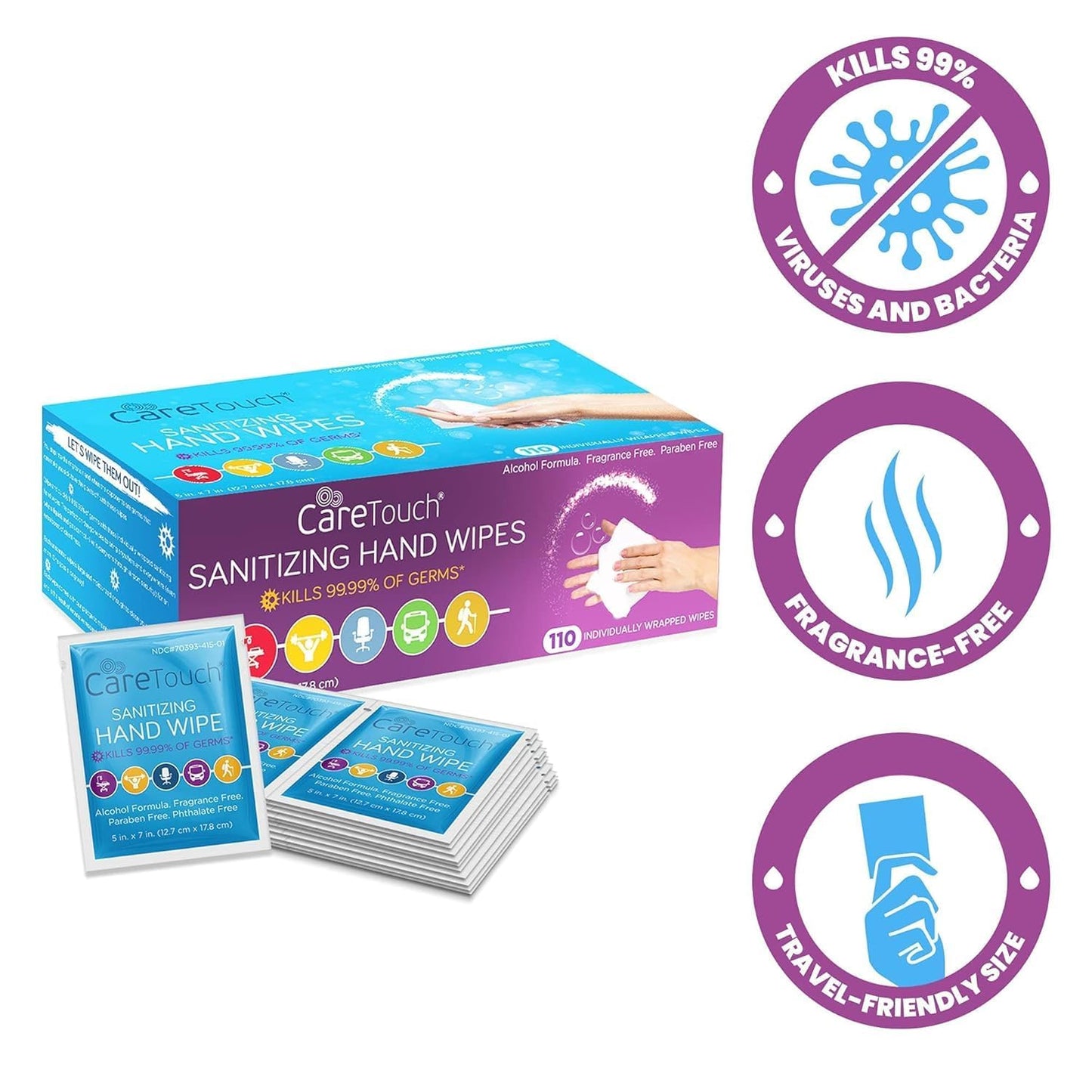 Care Touch Hand Sanitizer Wipes - 110 Hand Wipes Individually Wrapped - Travel Size - Sanitizing Wet Wipes for Home, Office & Outdoor Use