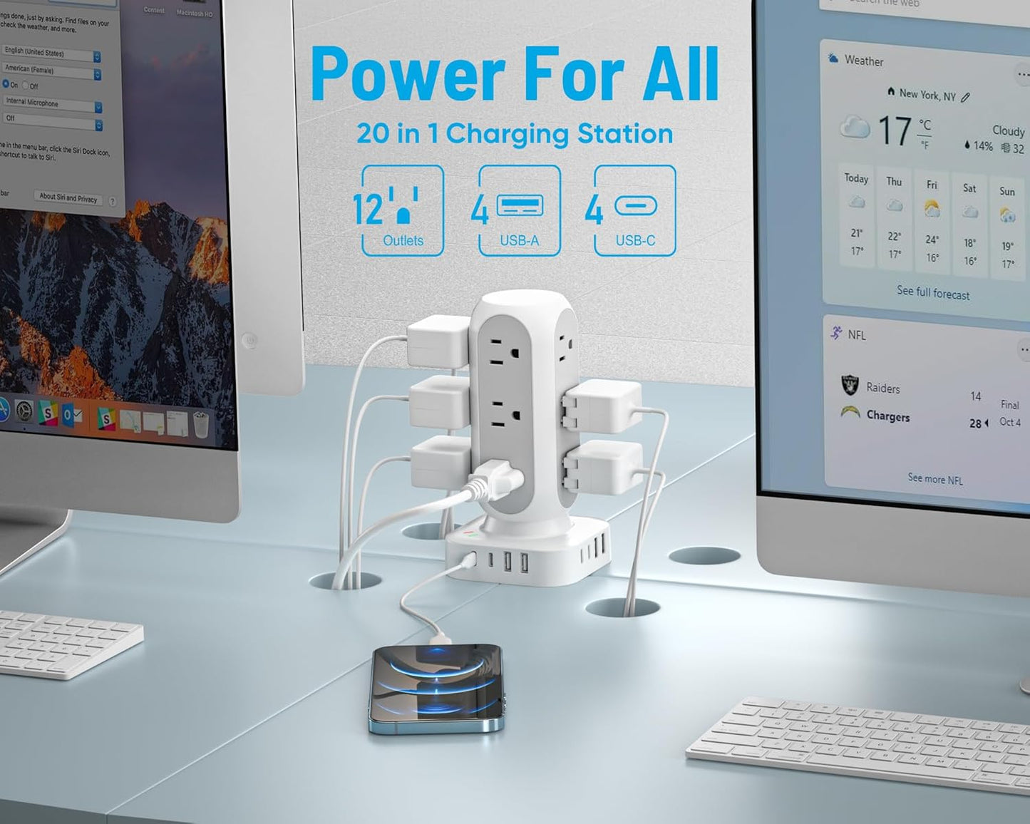 Tower Power Strip with Surge Protection, Flat Plug Outlet Extender with 12 AC Outlets & 8 USB Ports, 5 FT Extension Cord with Multiple Outlets, 24W Total Charging Station for Home Office Dorm Room
