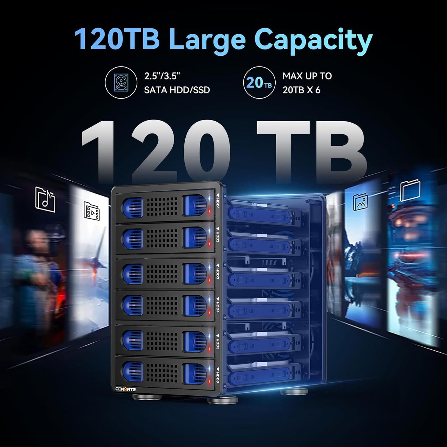 6 Bay Hard Drive Enclosure with Cooling Fan for 2.5“/3.5" SATA HDD/SSD with USB A/C 3.0, Support Hot Swappable, Daisy Chain Expansion, Tool-Free HDD Enclosure, DAS(NO RAID/NAS)