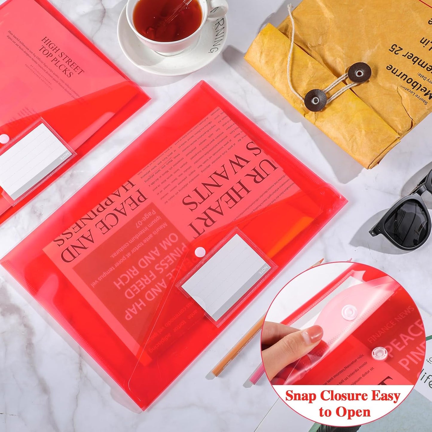 Lincia 24 Pcs Plastic Envelopes A4 Size Poly Envelopes File Folders Work Document Holder Office Paper Plastic File Organizer with Label Pocket Snap Button Home File Bag for School (Clear Red)