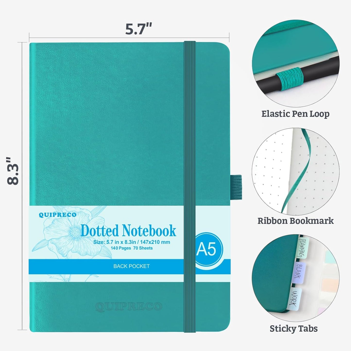 Hardcover Lined Bullet Dotted Journal Notebook, A5 140 192 Pages 100 120Gsm Paper College ruled for School,Work,Travel,and Daily Planning，5.7''*8.3'' (1, Turquoise, A5 Dotted)