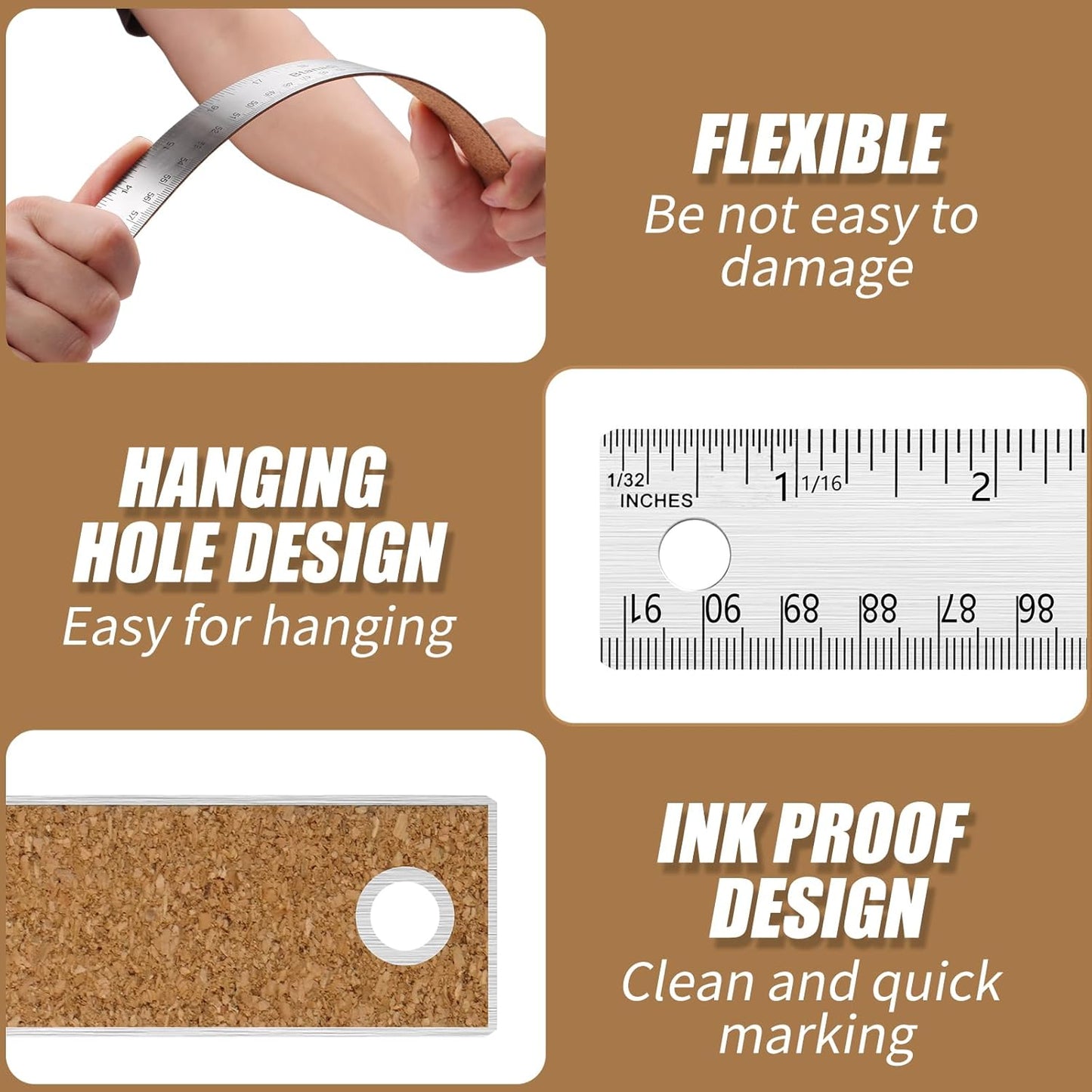 2PCS 24 Inch Metal Ruler, Stainless Steel Straight Edge Ruler with Cork Backing, Non-Slip Imperial & Metric Measuring Tool for School, Office, Woodworking, Drafting