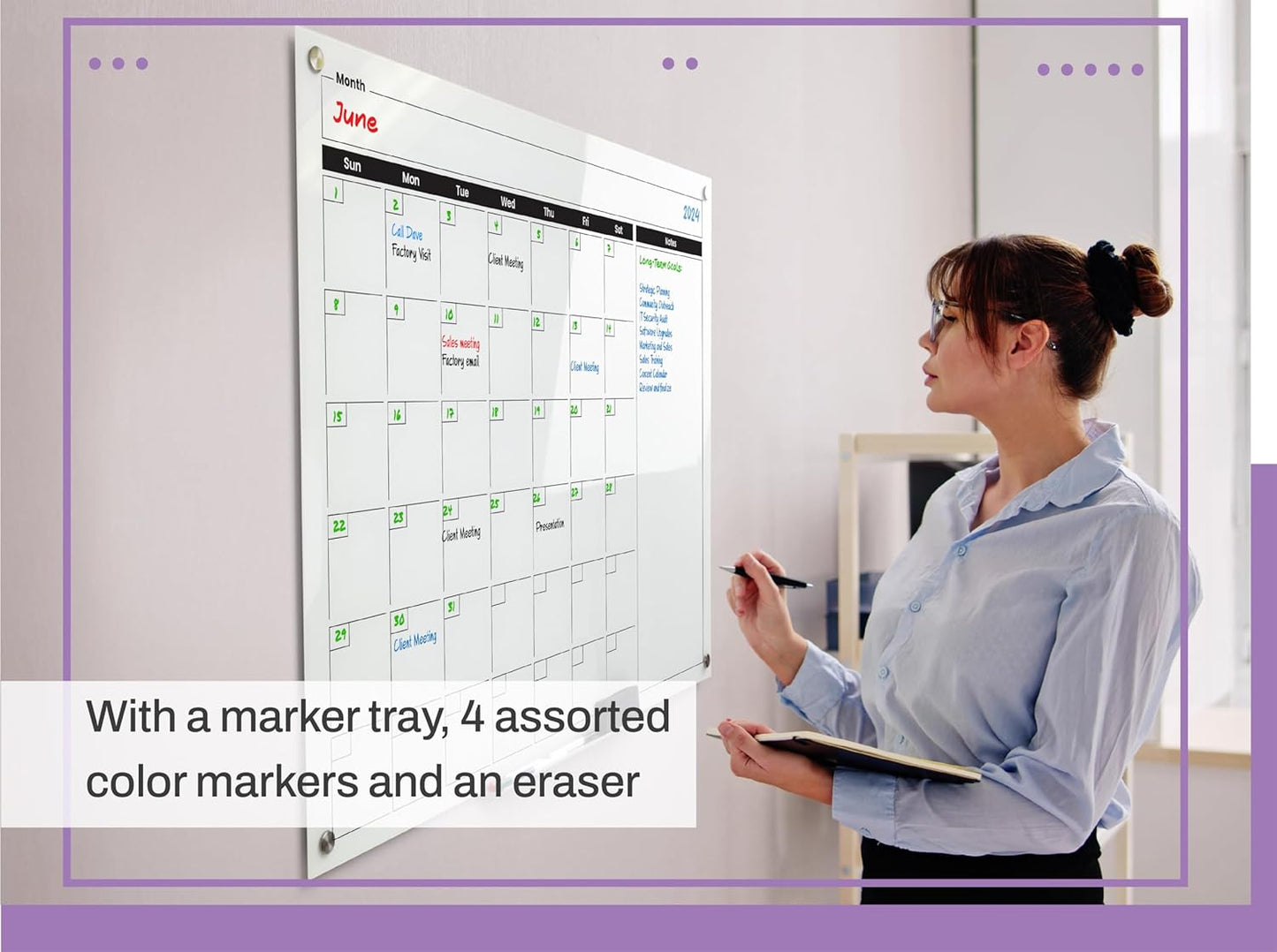 Real Glass Dry Erase Monthly Calendar, Giant Size 34" x 46", White Tempered Glass Surface, Frameless Wall Mount, with 4 Assorted Color Markers and Eraser, by Better Office Products (Bright White)