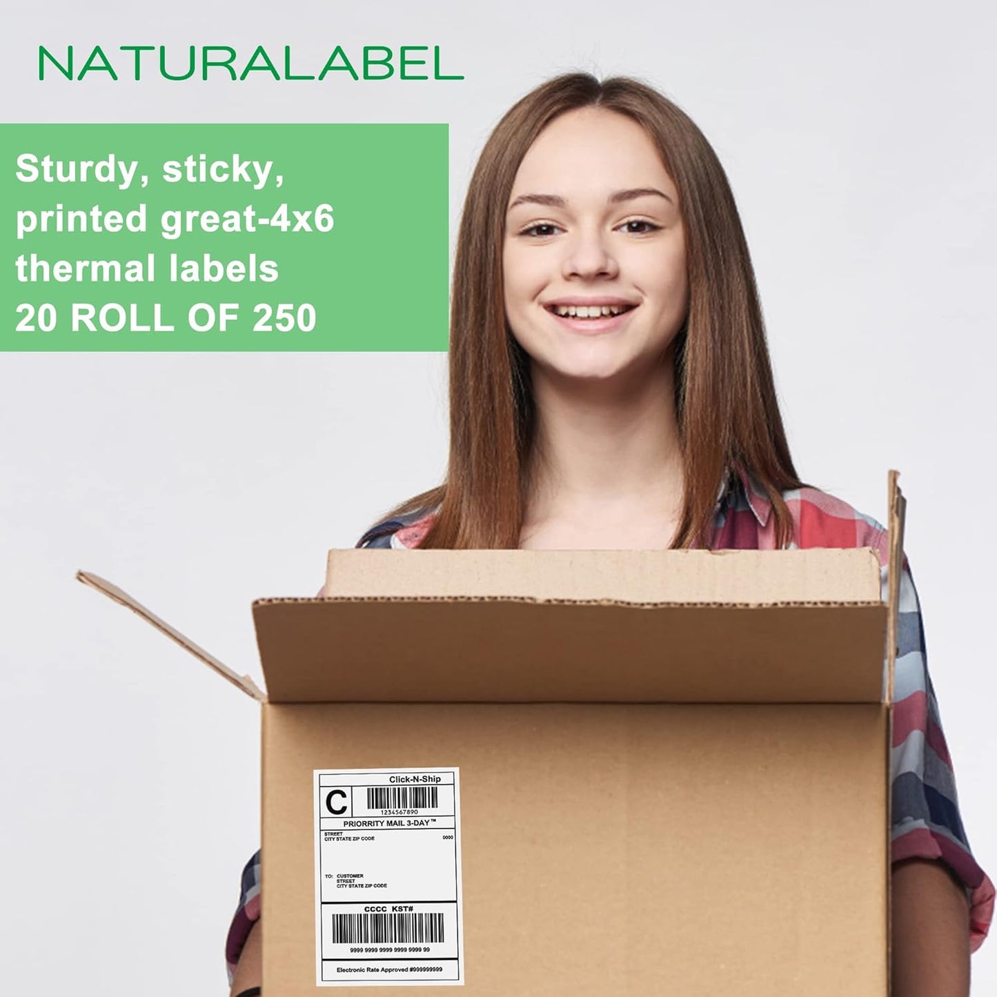 NATURALABEL 5000 PCS 4" x 6" Direct Thermal Shipping Labels for Small Business, with Perforated Lines, Compatible with Rollo and Zebra (20 Rolls, 250 Labels/Roll)