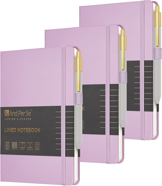 A5 Lined Leather Journal and Pen Set (3 packs), Hardcover Notebook with Pen, 160 Pages 100gsm Thick Ruled Paper for Men Women, for Work, Business, School or Home Writing, 5.7'' x 8'' (Purple)