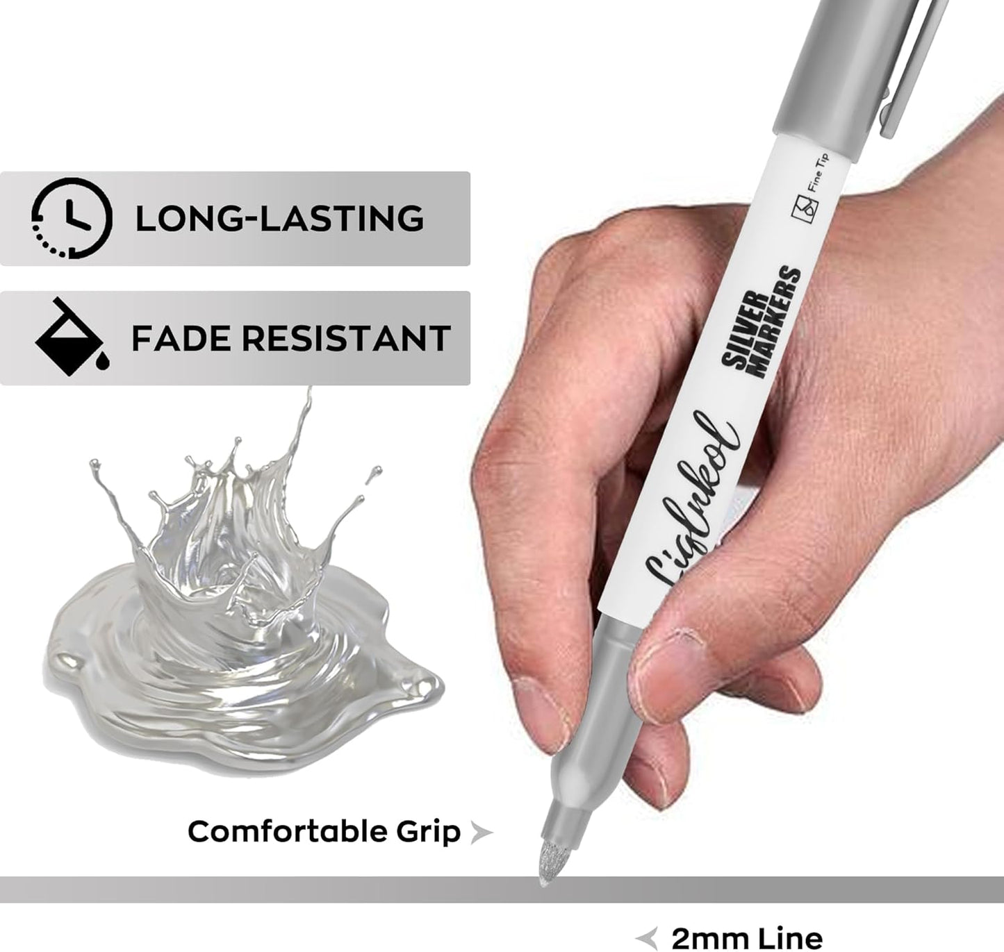 Silver Metallic Markers Pens Bulk of 36 Pack, 2mm Felt Fine Tip for Art, Crafts, Drawing, DIY Projects, Office Supplies, Gift Card Making