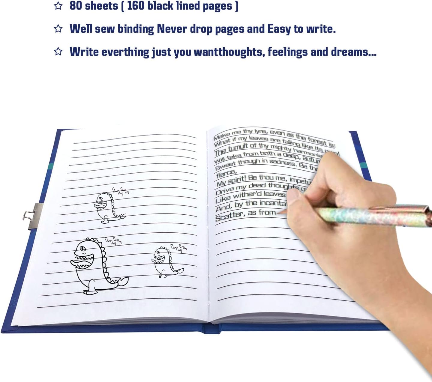 Boys Diary with Lock for Kids, 7x5.25 Inches 160 Lined Pages Secret Blue Dinosaur Notebook for Kids Journal with Lock for Boys Pre School Writing Drawing Cute Kids Gifts for Birthday