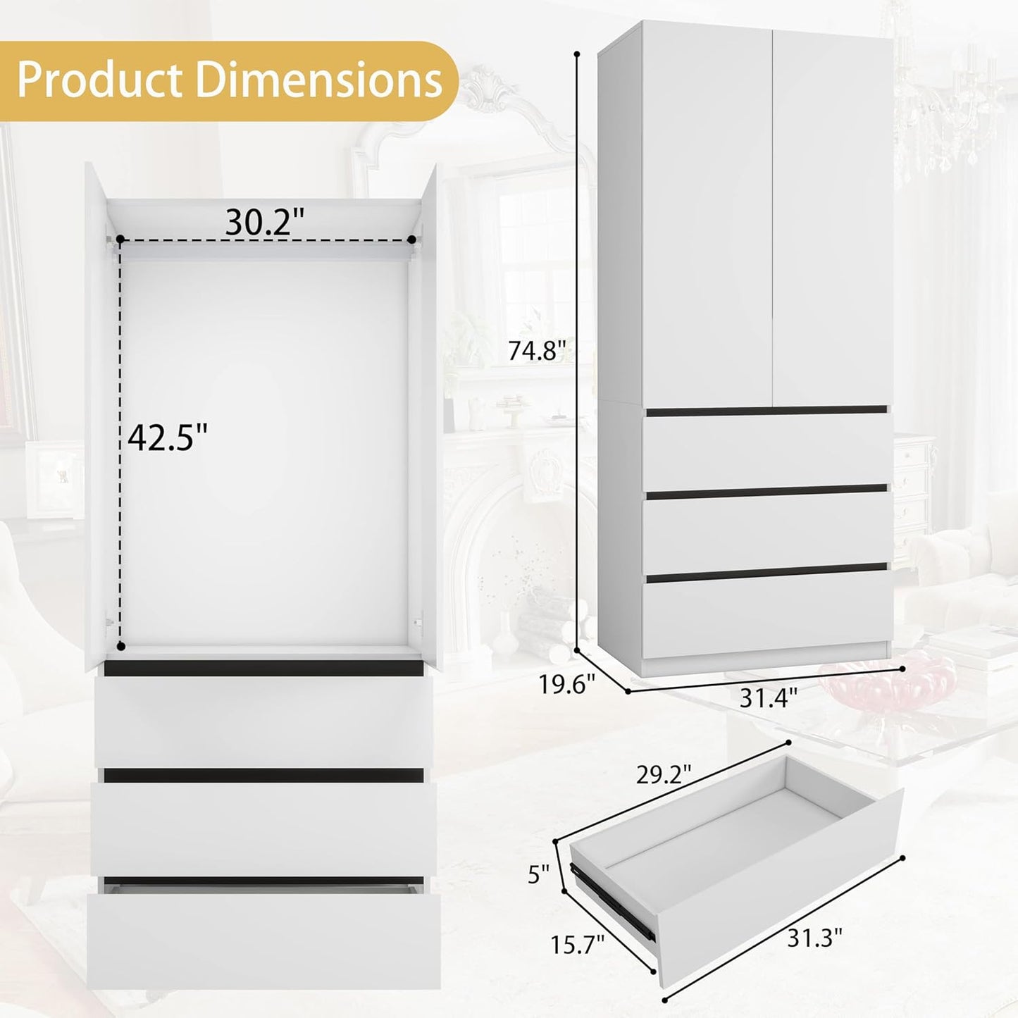 Wooden Wardrobe Closet with 2 Doors: 75" Bedroom Armoire Wardrobe Closet with 3 Drawers, White Cabinet with Hanging Shelves, Large Storage Cabinet (Modern, 1)