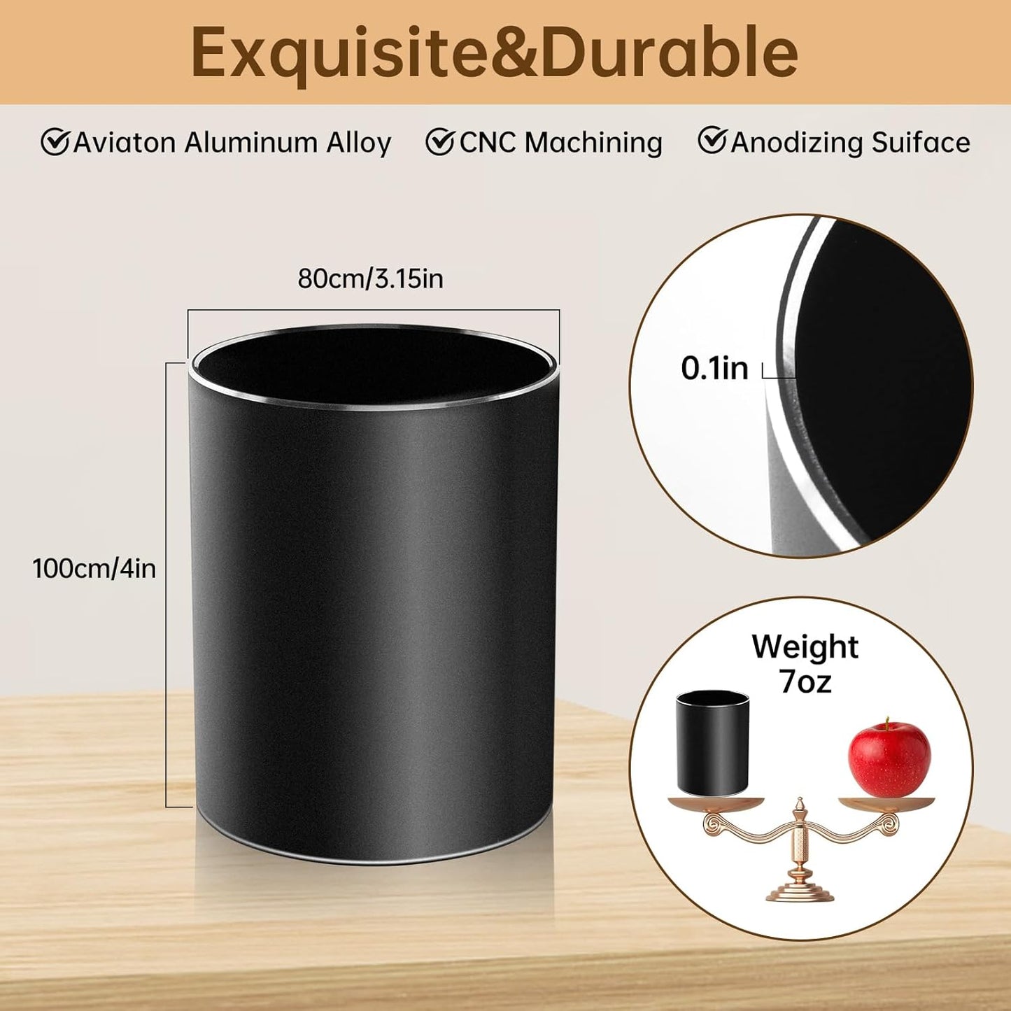 Leader Gifts,Metal Pen Holder Aluminum Pencil Holder for desk,Round Desktop Organizer and Black Pencil Cup for Office, School, Home and Stationary Supplies