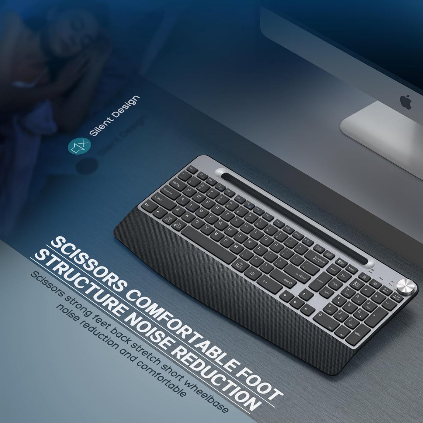 JOYACCESS Ergonomic Wireless Keyboard with Wrist Rest, Low-Profile,Phone Holder,2.4GHz Full Size Silent Cordless USB Computer Keyboard for Windows, Mac OS Desktop/Laptop/PC-Black Grey