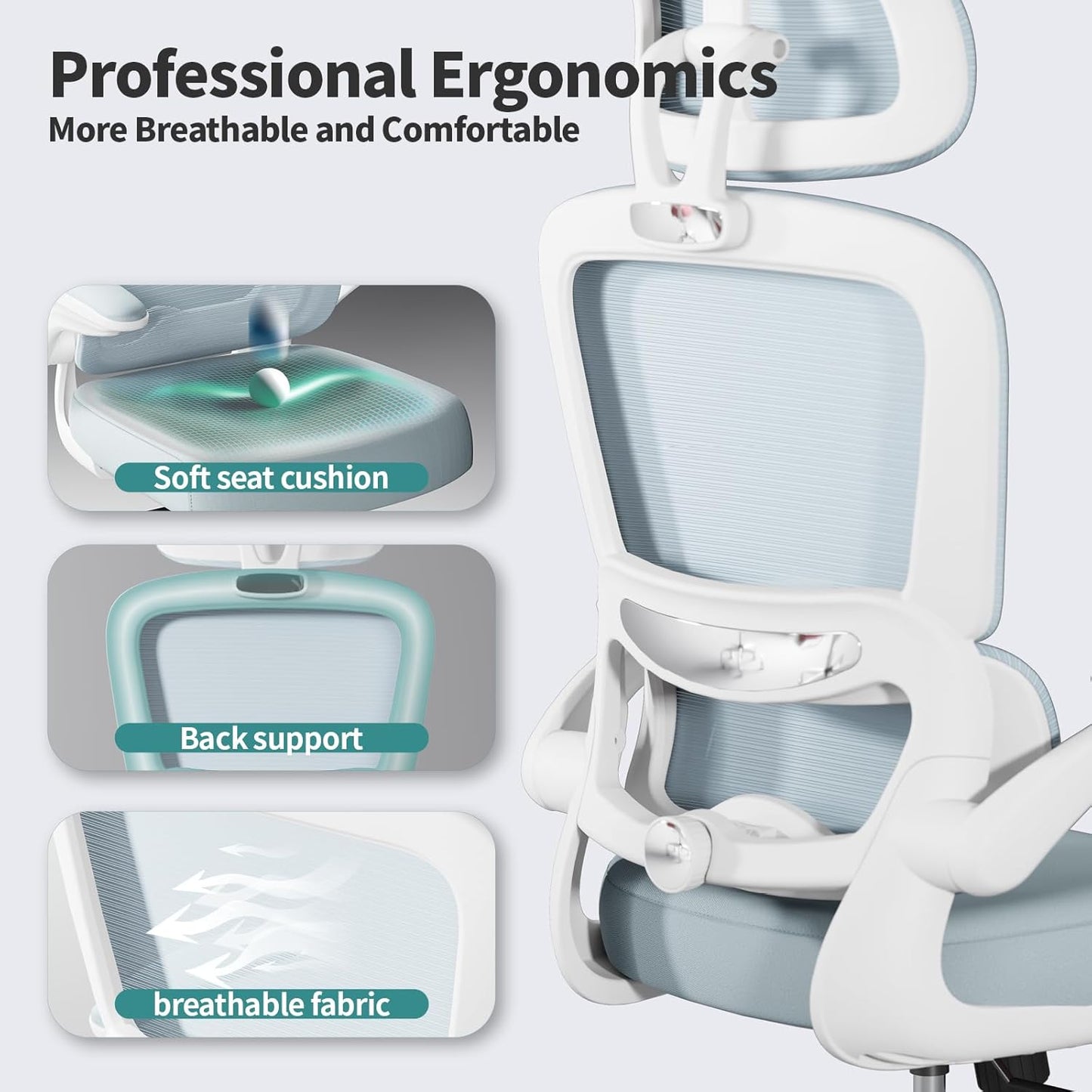 TRALT Office Chair Ergonomic Desk Chair, 330 LBS Home Mesh Office Desk Chairs with Wheels, Comfortable Gaming Chair, High Back Office Chair for Long Hours (Blue)