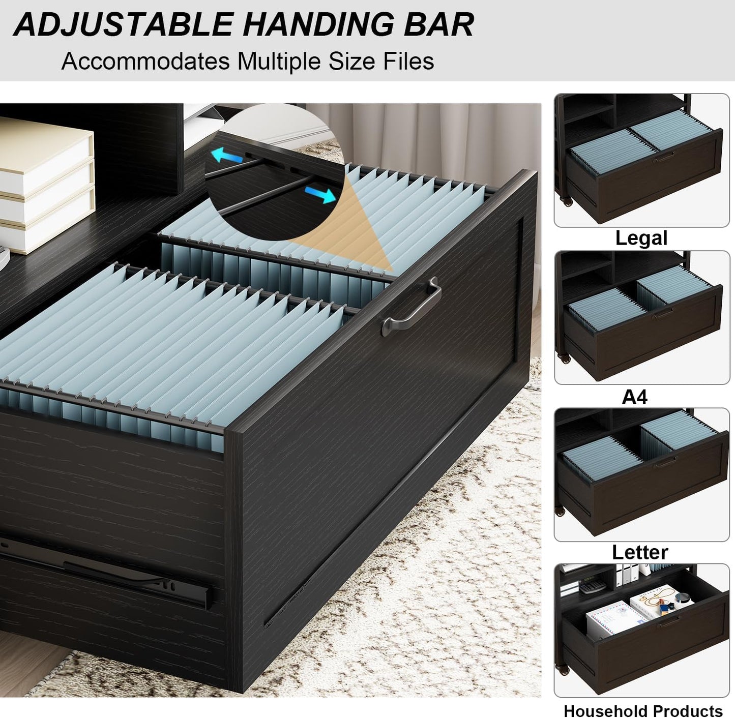 HSH Rolling Lateral File Cabinet with Storage Drawer, Black Mobile Filing Cabinet for Legal/Letter Size, Wood Metal Printer Stand with Shelves, Wheels & Hanging File Folder for Home Office Desk, 33 In