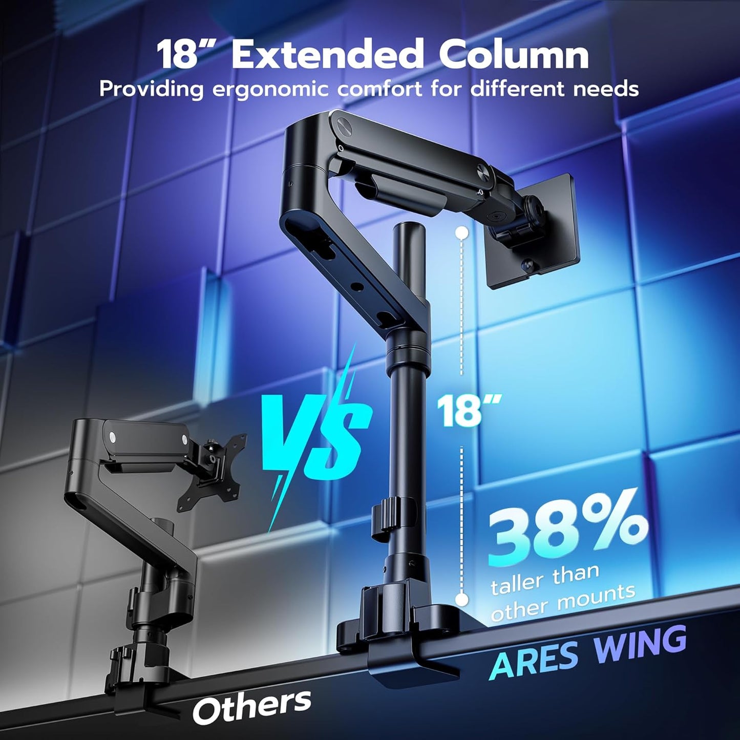 ARES WING Heavy-Duty Monitor Mount for 17-49 inches Ultrawide Curved Flat Monitors, Holds 44lbs, with 18" Extended Column for Desk, Adjustable Gas Spring, Black