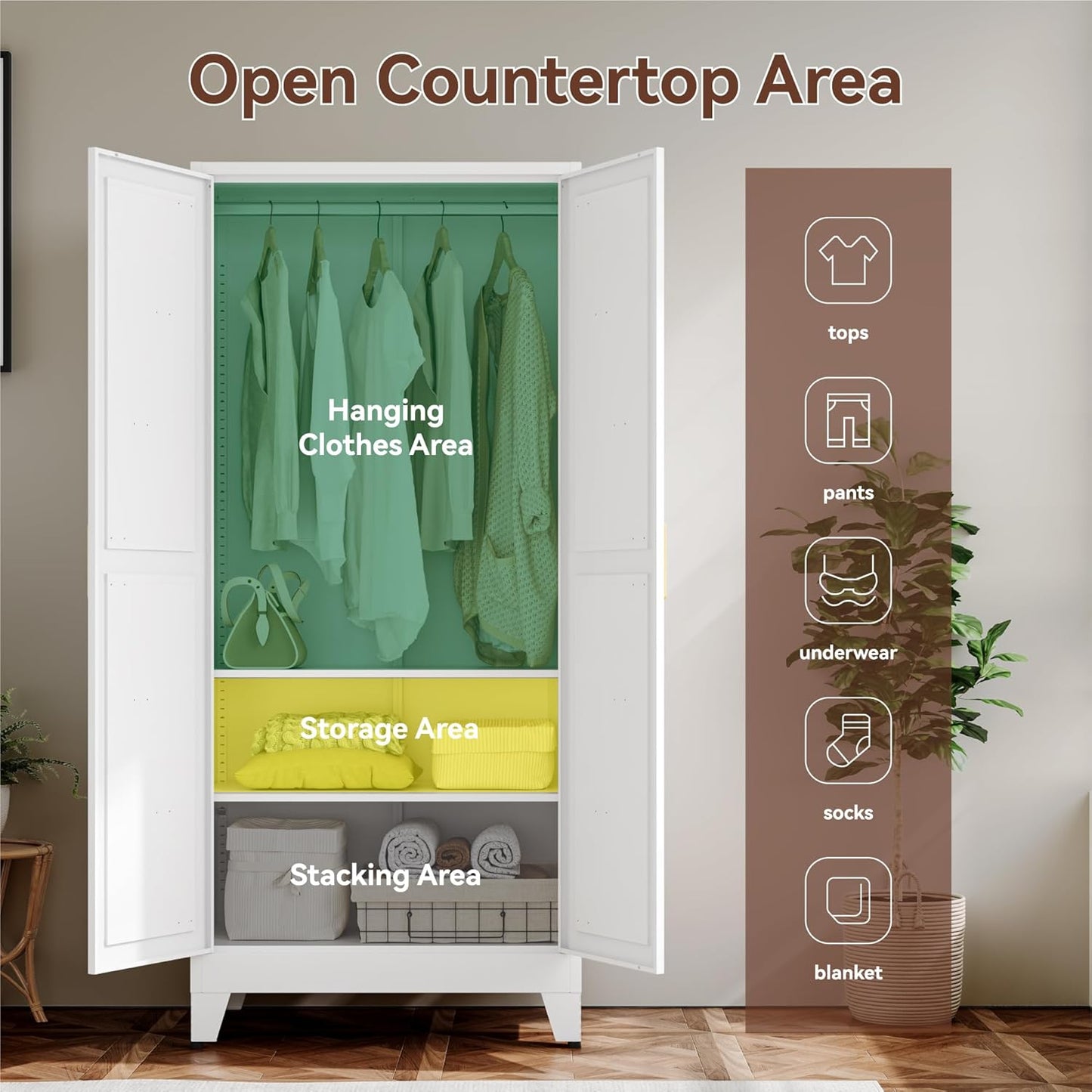 Farmhouse Wardrobe Cabinet,Metal Wardrobe Closet with Hanging Rod,Metal Armoire with Adjustable Shelves for Bedroom,Living Room, Cloak Room,Office (White)