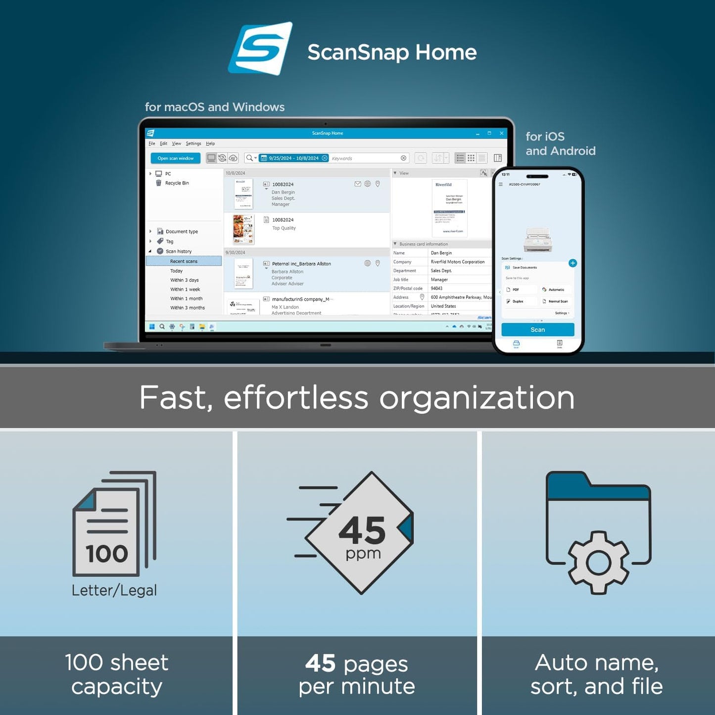 ScanSnap iX2500 Wireless or USB High-Speed Cloud Enabled Document, Photo & Receipt Scanner with Large 5" Touchscreen and 100 Page Auto Document Feeder for Mac or PC, White