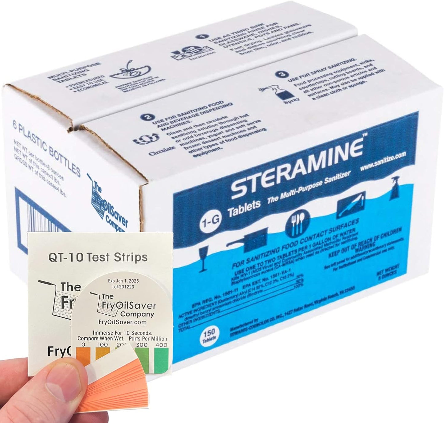 Pack of 6 (900 Tab) Steramine Sanitizing Tablets w/ 30x QT-10 Test Strips by FryOilSaver Co., Steramine Multi Purpose Contact Solution Sanitizer Tablets for Gym, Hotel, Bar, Restaurants & Food Service