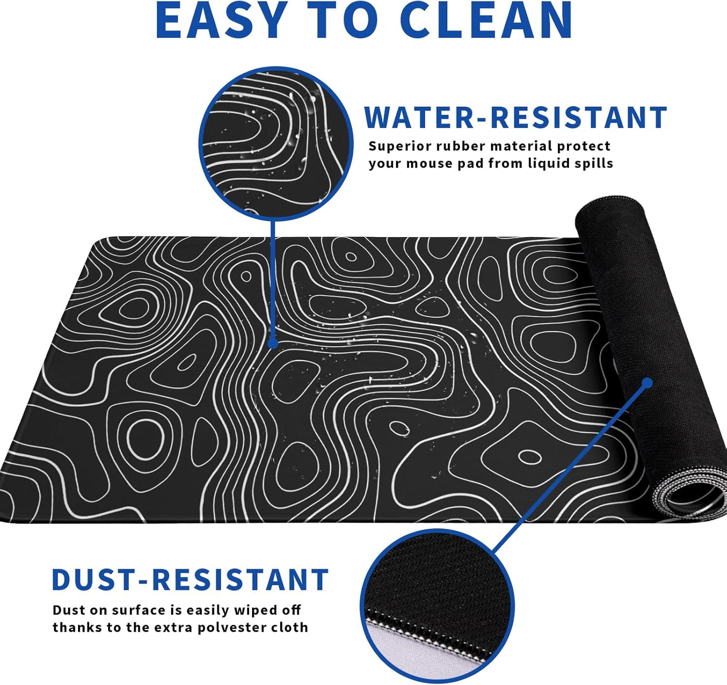 Topographic Contour Gaming Mouse Pad Black Large Mouse Pad for Keyboard and Mousepad Desk Mat with 3mm Non-Slip Base and Stitched Edge for Gaming and Office Computer Mat Protector Mat 31.5x11.8 Inch
