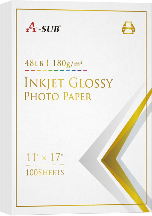 A-SUB Inkjet Glossy Photo Paper 11X17 Inches 48lb 180gsm Professional Glossy Photographic Paper for Inkjet Printers Dye Ink 100 Sheets