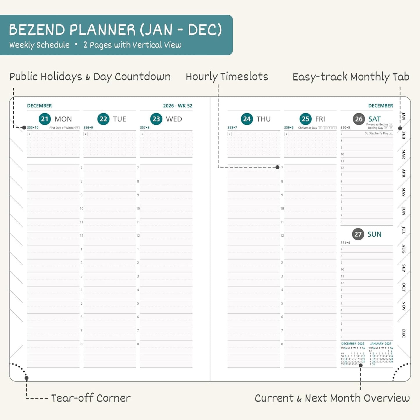 BEZEND 2026 Planner Weekly and Monthly (6" x 8.5") Daily Calendar with Half-Hourly Timeslots & Tabs (Jan-Dec) Note & Expenses, Pen Holder, Inner Pocket, Vegan Leather Hardcover - Turquoise