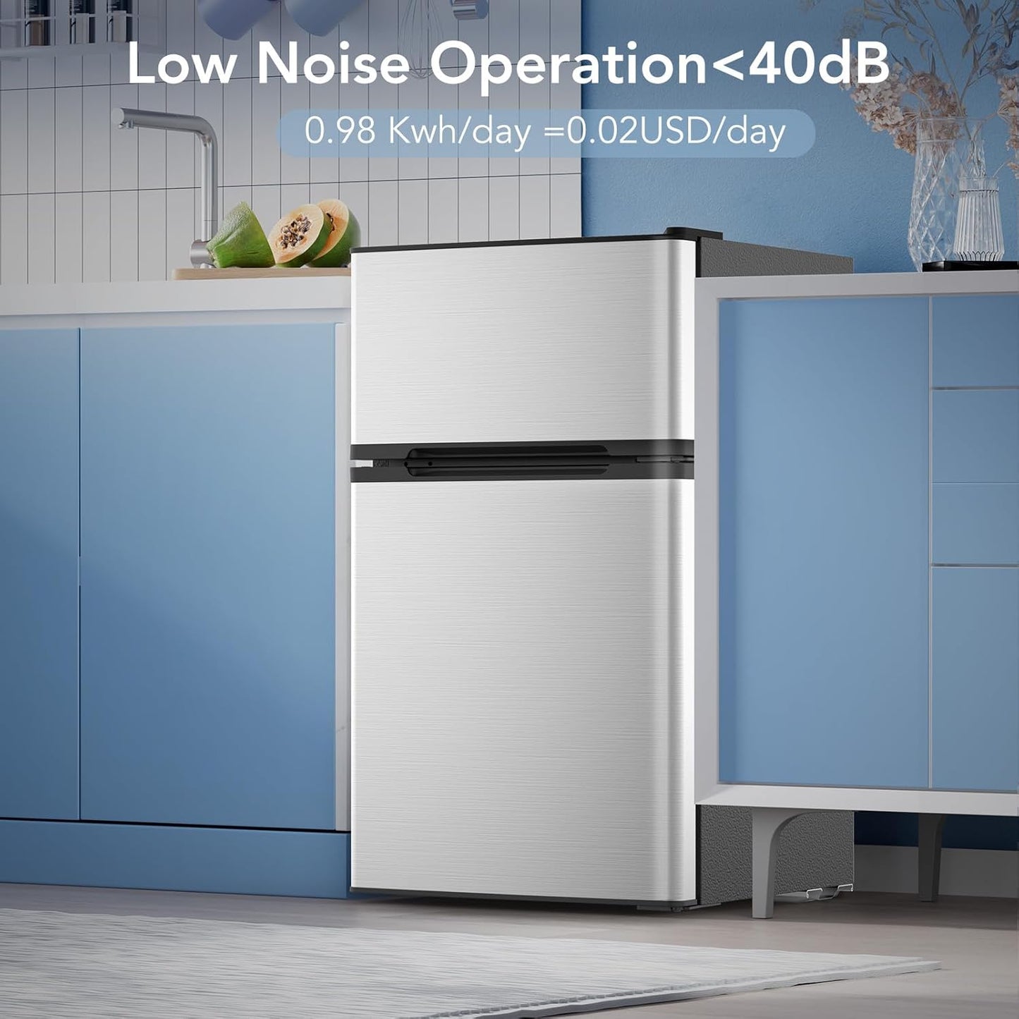 3.1 Cu.Ft Mini Fridge with Freezer, 2 Door Compact Refrigerator, Mini Fridge with Adjustable Removable Glass Shelves for Bedroom, Office, Dorm or Apartment, Stainless Steel