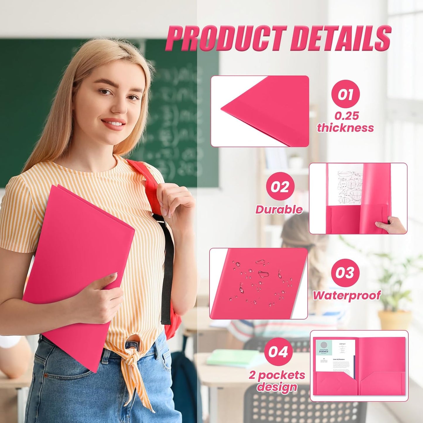 Gueevin 100 Pcs Two Pocket Folders Bulk Plastic File Folder with 2 Pockets Letter Size Paper Heavy Duty Durable Portfolios Case for Home Office School Business 11.61 x 9.45 Inch (Hot Pink)