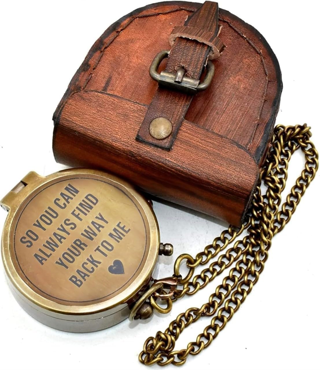 “So You Can Always Find Your Way Back Home” Engraved Brass Compass With Premium Leather Case & Chain - Brass Pocket Compass - Personalized Compass Gift For Hiking,Husband, Him, Her,Son, Graduation Day