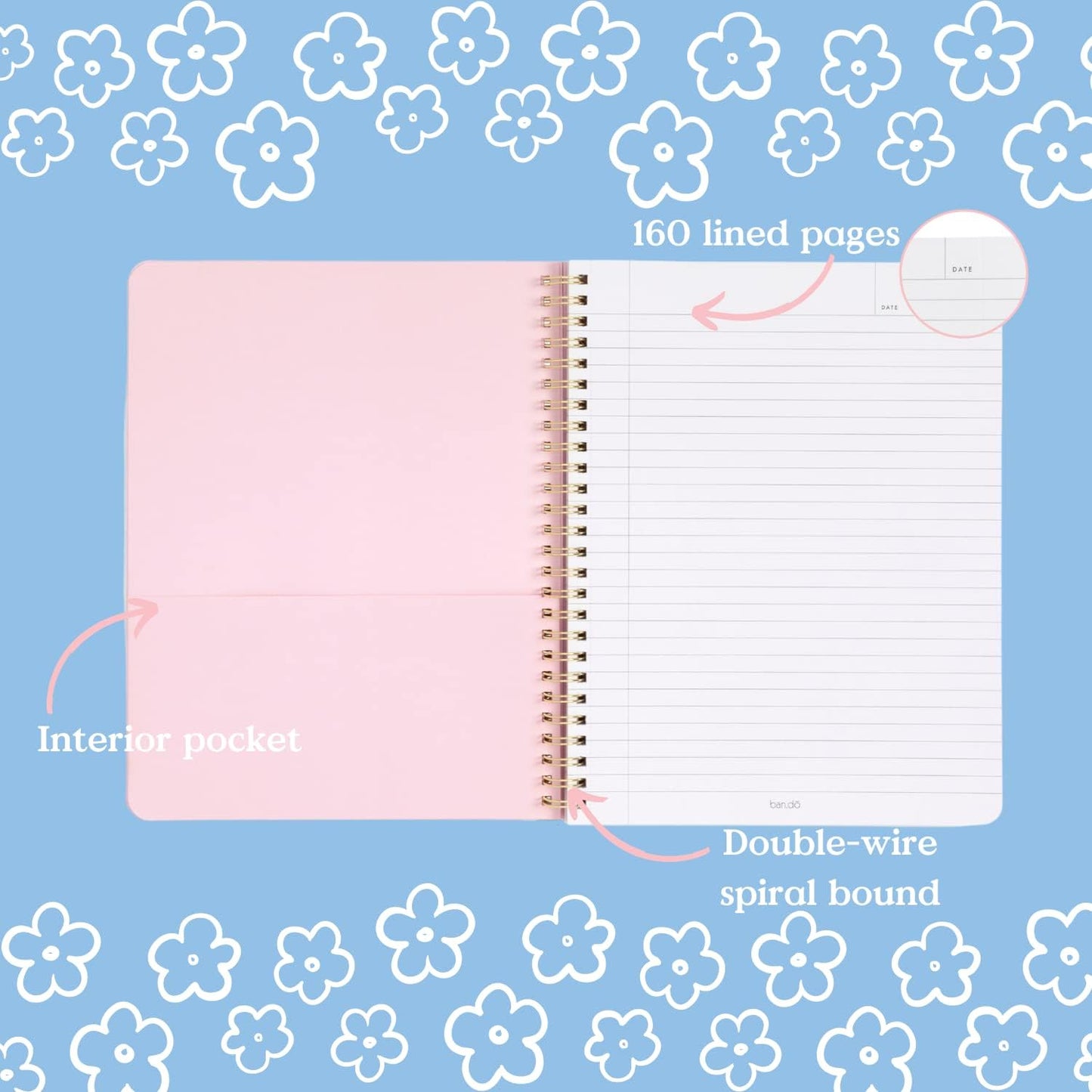 ban.do Metallic Rough Draft Large Spiral Notebook, 11" x 9" with Pockets and 160 College Ruled Pages, Pearlescent