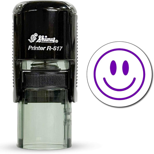 Shiny Smiley Face Teacher Stamp, Round Self Inking Stamp for Classroom, Purple Ink