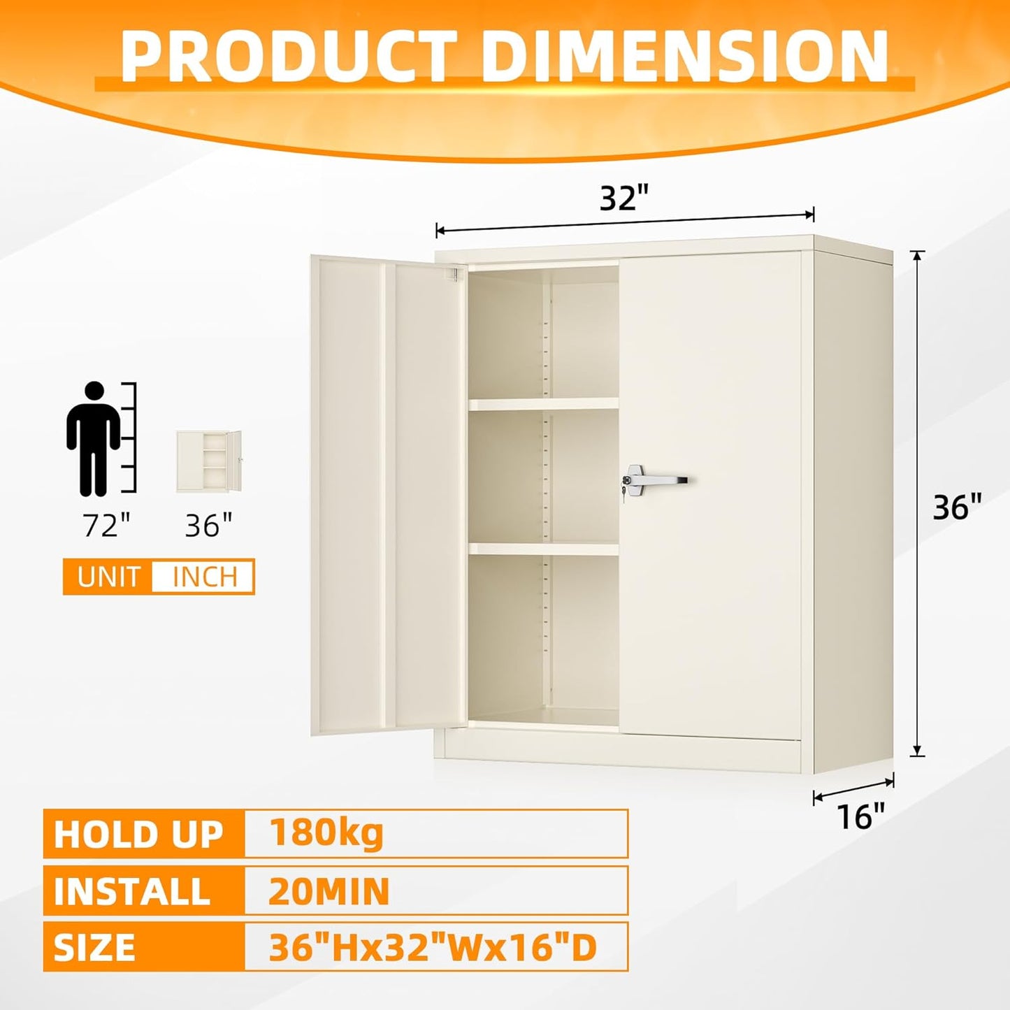 INTERGREAT Metal Cabinet with Lock, Lockable Metal Storage Cabinets with Doors and Shelves for Garage, Cream Grey Locking Garage Storage Cabinets 36"×32"×16"