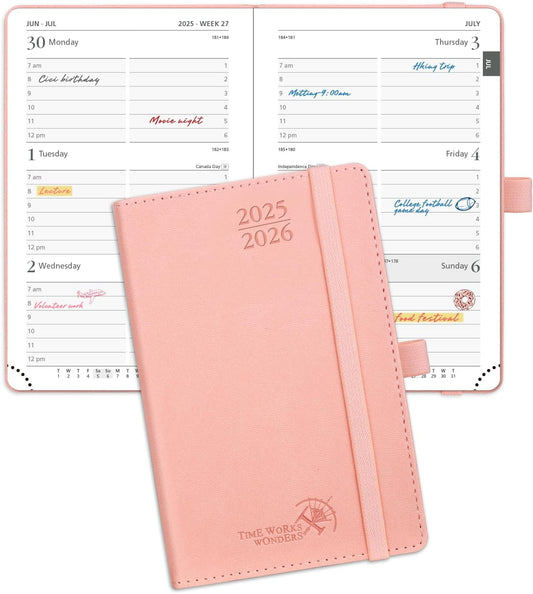 POPRUN Pocket Planner 2025-2026 (Purse Size 4'' x 6.25'') Academic Small Calendar (July 2025 - June 2026) with Hourly Time Slots, 100GSM Thick Papers, Leather Soft Cover - Pink