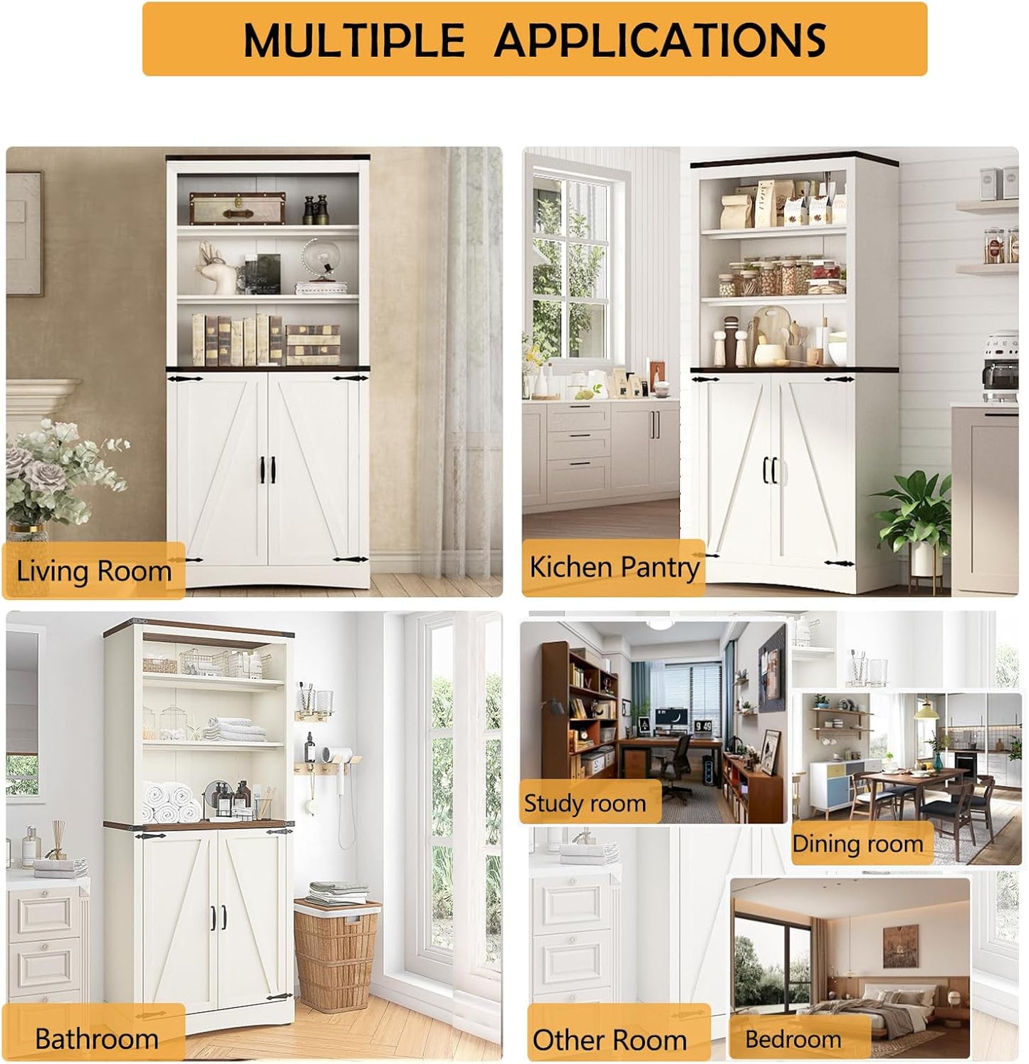 71in Farmhouse Kitchen Pantry Cabinet,Tall Storage Cabinet with 2 Doors and Adjustable shelves,with Load-Bearing Steel Pipe,Wood Storage Cabinets for Kitchen,Dining Room,Bathroom(White)