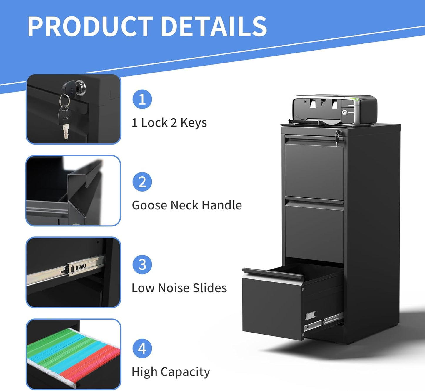 3 Drawer File Cabinet with Lock, Vertical File Cabinet with Lock, Locking File Cabinet Hanging Files for A4/ Legal/Letter, Require Assembly, Black