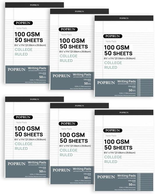 POPRUN White Legal Pads 8.5 x 11.75 College Ruled, 100GSM Writing Paper Pad, Bulk Lined Notepad Notebooks for Work School, Classroom Office Supplies, 6 Pack