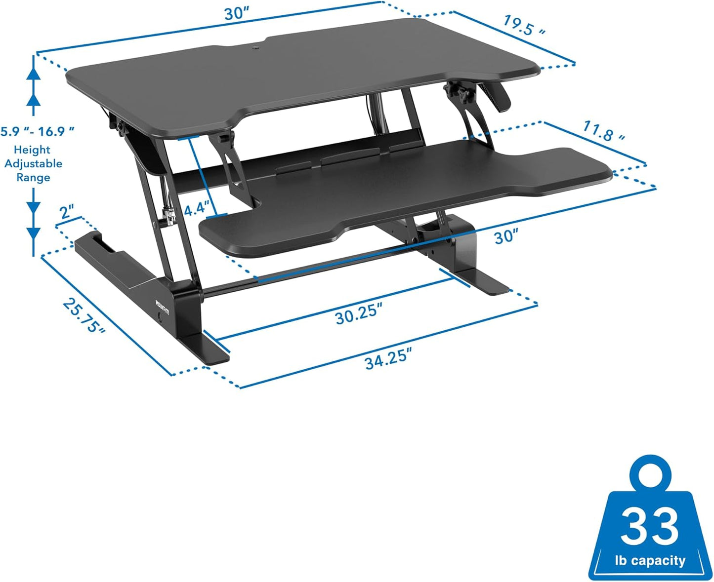 Mount-It! Height Adjustable Standing Desk Converter, Compact 30” Wide Tabletop Standing Desk Riser with Gas Spring, Desktop Stand Up Workstation with Keyboard Tray Fits Monitor or Laptop, Black