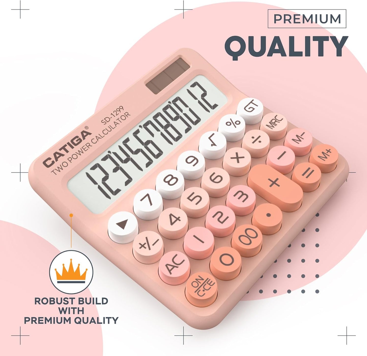 CATIGA Mechanical Switch Calculator with Solar and Battery Dual Power, 12-Digit Large LCD Display, Aesthetic and Cute Desktop Calculator with Big Button, for Home, School and Office Use, SD-1299